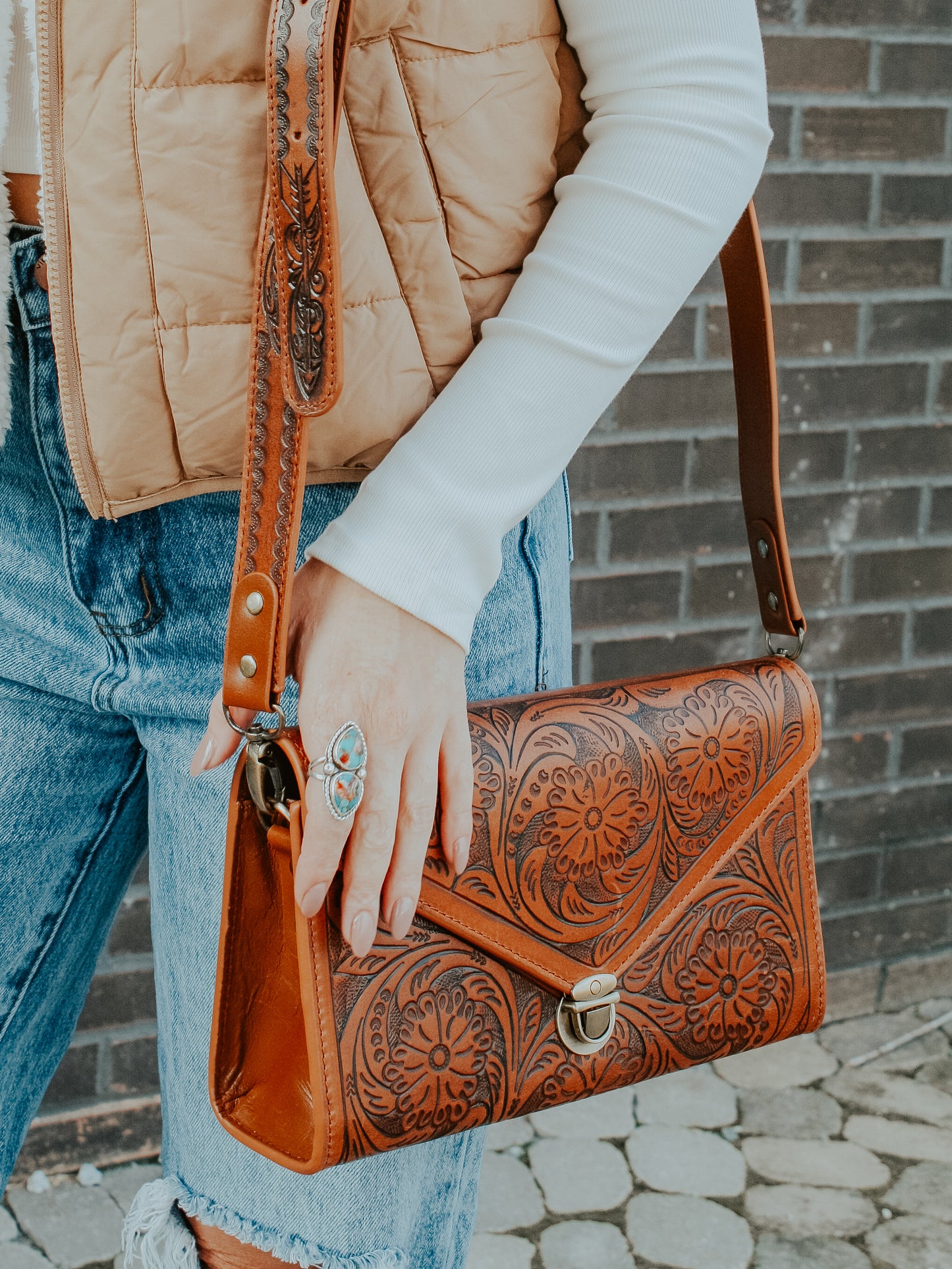 Tooled Leather Envelope Crossbody - Brown