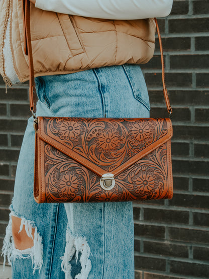 Tooled Leather Envelope Crossbody - Brown