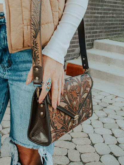 Tooled Leather Envelope Crossbody - Beige