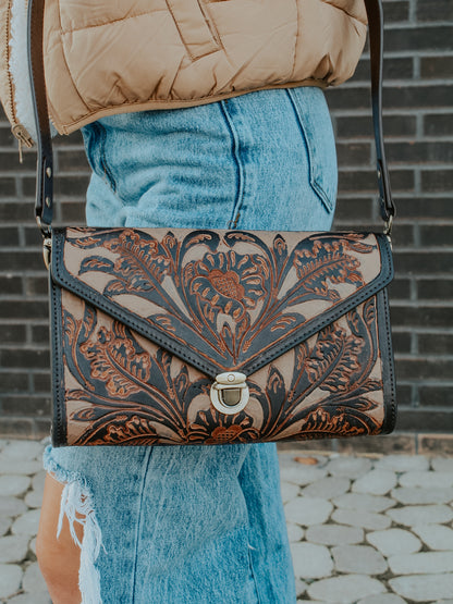 Tooled Leather Envelope Crossbody - Beige