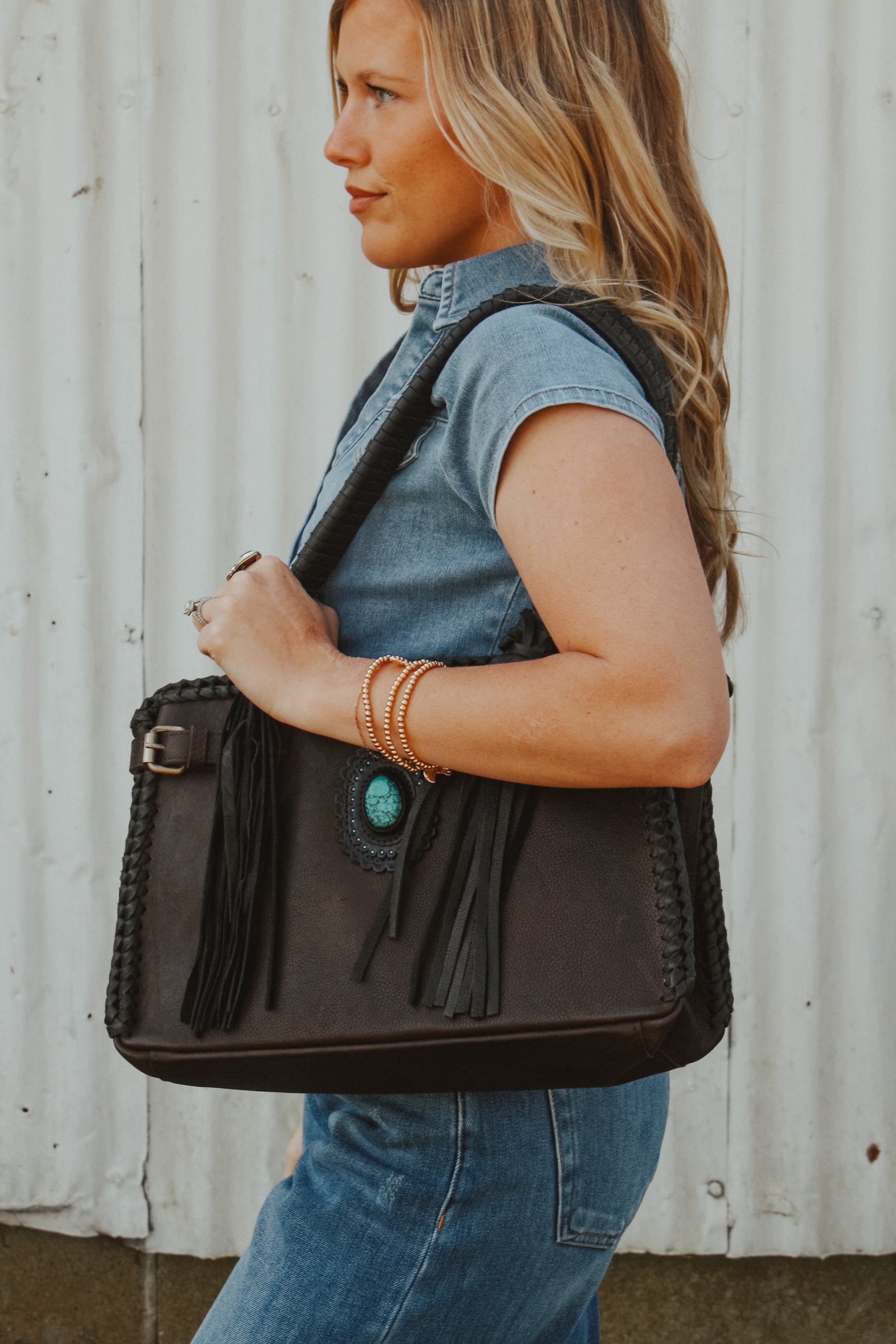 Western Turquoise Accent Leather Tote Bag | Cowgirl Leather