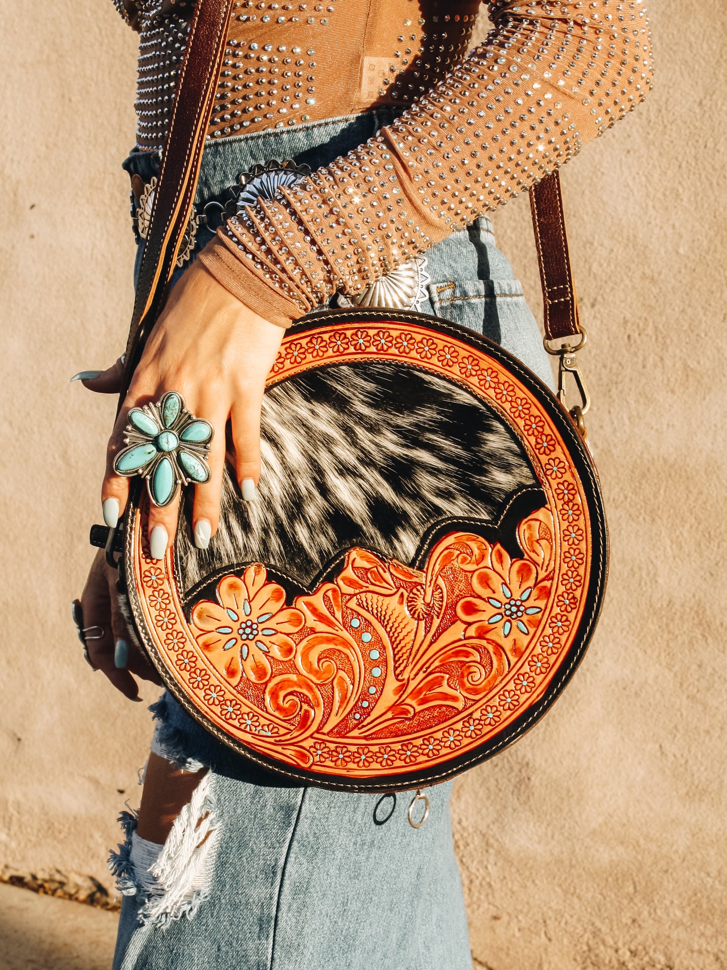 Western Cowhide Round Crossbody Flap Purse